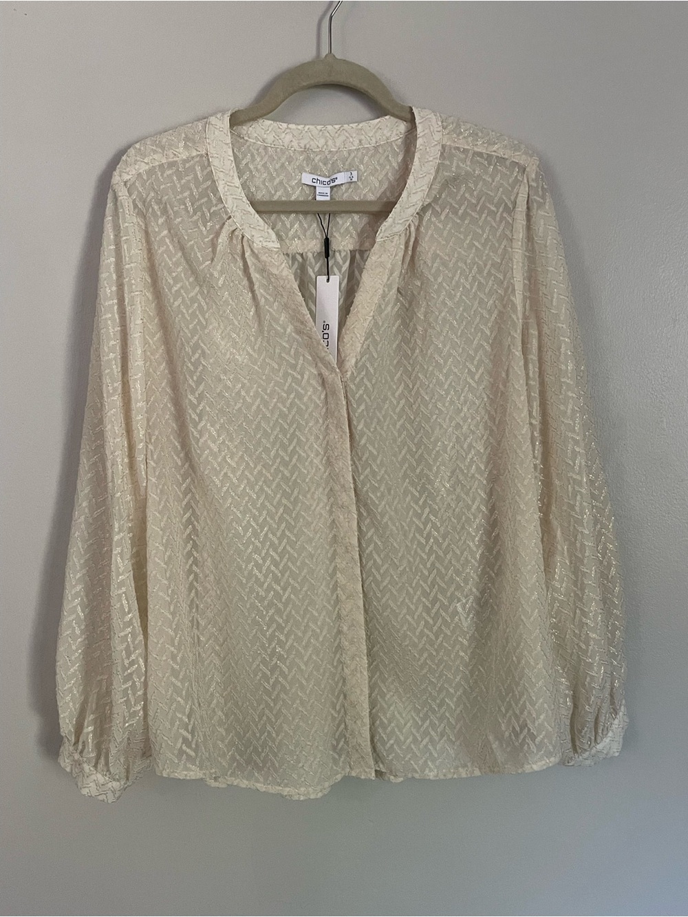 Chico's Cream Sheer Chevron-Texture Long-Sleeve Blouse